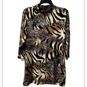 Susan Graver Size M Sequin High Neck Animal Print Floral brown Cream‎ Top Women